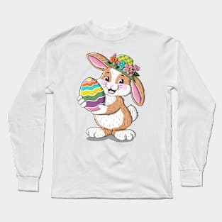 Cute bunny illustration in floral hat and big colorful egg Long Sleeve T-Shirt